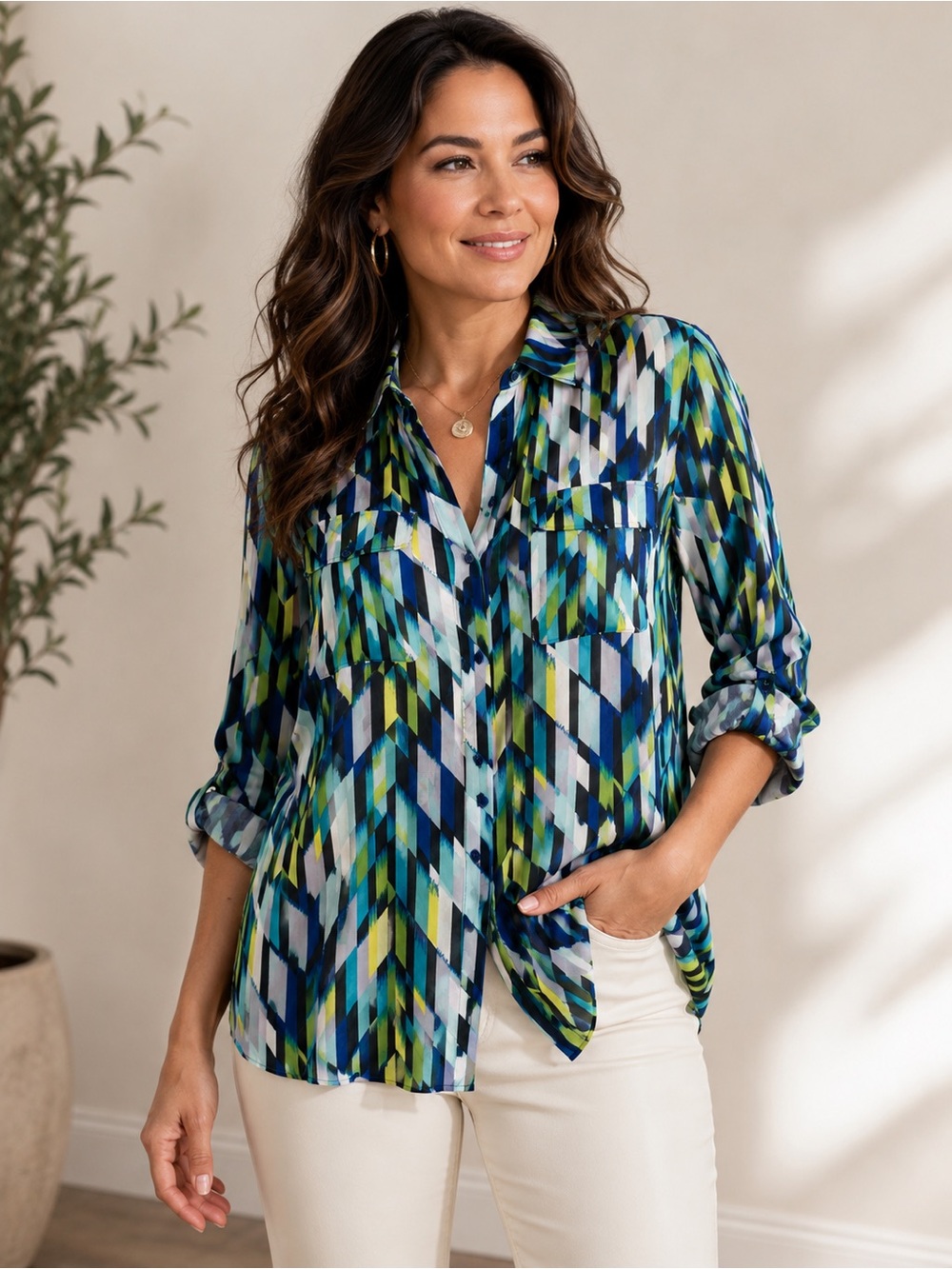 Liz Claiborne XL Abstract Print Blouse Blue Green Button Front Career Top